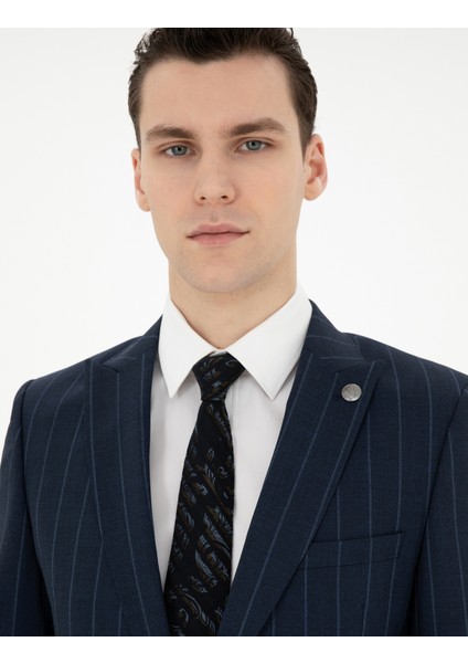 Erkek Lacivert Ex. Slim Fit Çizgili Yün Takım Elbise 50285254-VR033