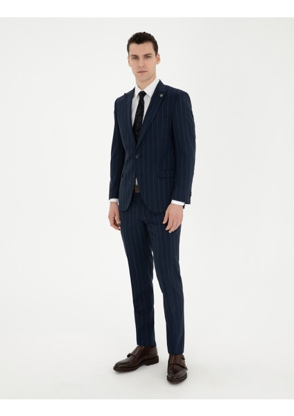 Erkek Lacivert Ex. Slim Fit Çizgili Yün Takım Elbise 50285254-VR033