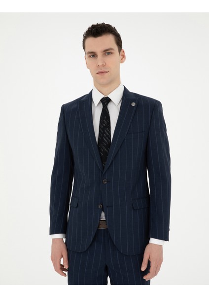 Erkek Lacivert Ex. Slim Fit Çizgili Yün Takım Elbise 50285254-VR033
