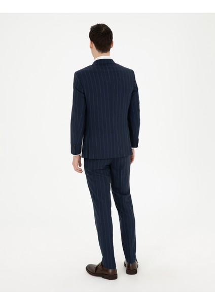 Erkek Lacivert Ex. Slim Fit Çizgili Yün Takım Elbise 50285254-VR033