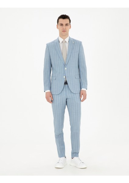 Erkek Açık Mavi Ekstra Slim Fit Çizgili Yün Takım Elbise 50285416-VR003