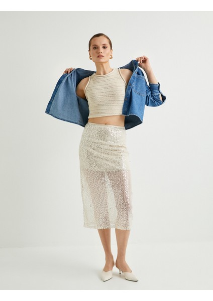 Payetli Midi Etek Normal Bel