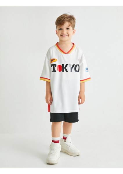 Spor Tişört Tokyo Baskılı Kısa Kollu V Yaka Baskılı