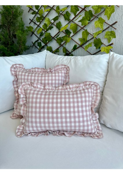 Keten Vintage Pembe Pötikare Fırfıflı Kırlent Kılıfı