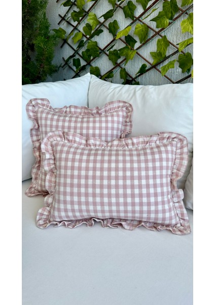 Keten Vintage Pembe Pötikare Fırfıflı Kırlent Kılıfı