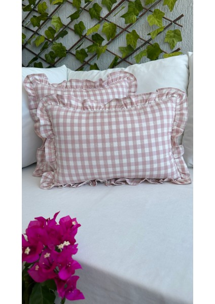 Keten Vintage Pembe Pötikare Fırfıflı Kırlent Kılıfı