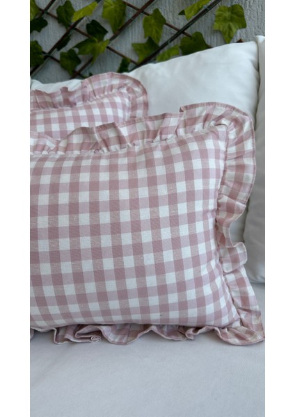 Keten Vintage Pembe Pötikare Fırfıflı Kırlent Kılıfı