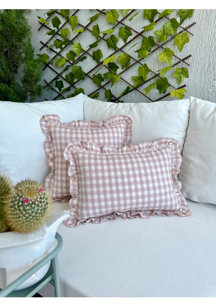 Keten Vintage Pembe Pötikare Fırfıflı Kırlent Kılıfı