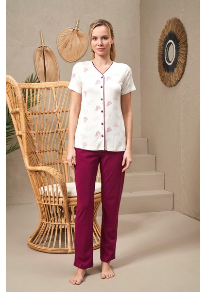 25144 Kadın V Yaka Düğmeli Baskılı Kısa Kollu Pijama Takım