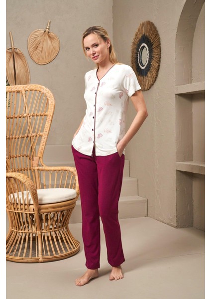 25144 Kadın V Yaka Düğmeli Baskılı Kısa Kollu Pijama Takım modelleri