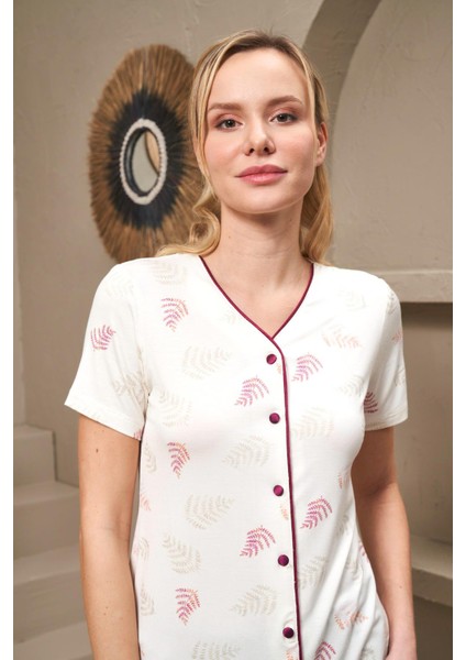 25144 Kadın V Yaka Düğmeli Baskılı Kısa Kollu Pijama Takım indirimleri