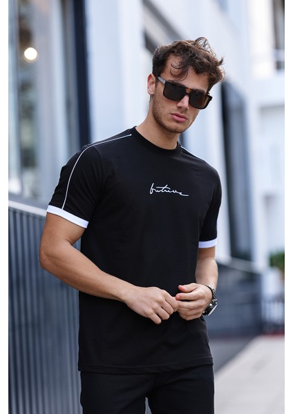 Erkek Future Nakışlı Slim Fit Bisiklet Yaka Omuz Biye Detaylı %100 Pamuk T-Shirt