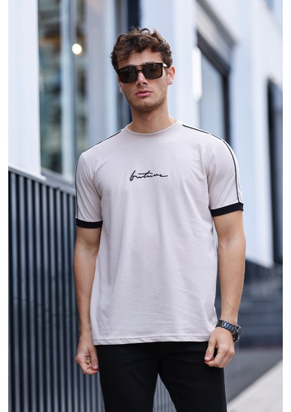 Erkek Future Nakışlı Slim Fit Bisiklet Yaka Omuz Biye Detaylı %100 Pamuk T-Shirt fiyatları