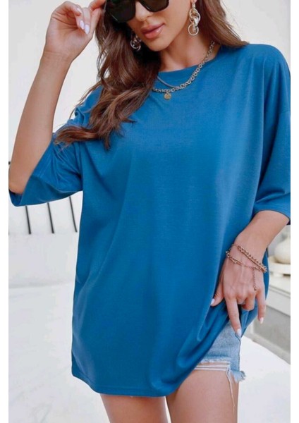 Kadın Oversize Kısa Kollu Tişört Mavi