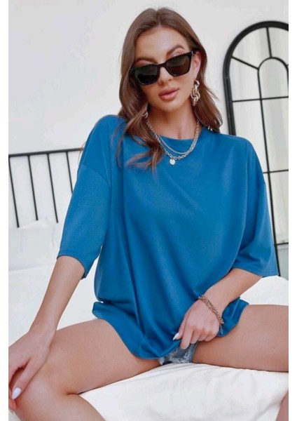 Kadın Oversize Kısa Kollu Tişört Mavi
