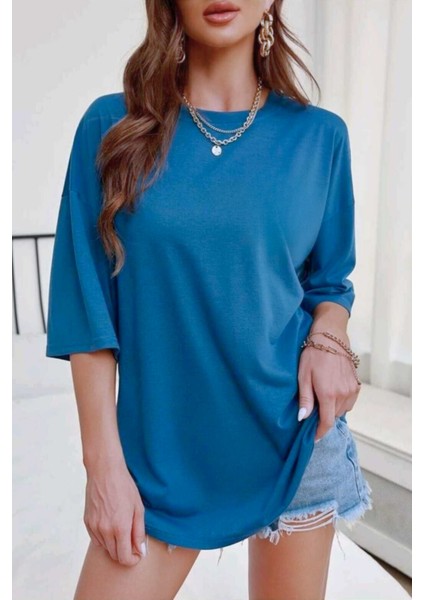 Kadın Oversize Kısa Kollu Tişört Mavi fiyatları