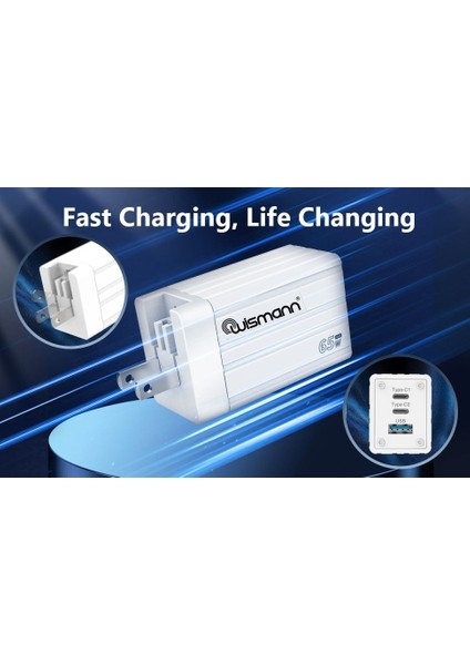65W Usb-C Güç Adaptörü 3 Port Gan Tech (Şarj Isısını Düşürür) 25W/40W/60W Type-C Hızlı iPhone & Android & iPad & Macbook Şarj Cihazı Universal Priz Tipi