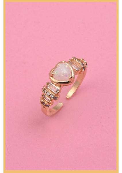 Kadın 18K Altın Kaplama Beyaz Opal Kalp & Zirkon Baget Taşlı Ayarlanabilir Çelik Yüzük (Exclusive) modelleri