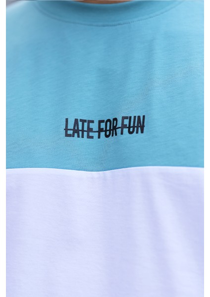 Erkek Renk Bloklu Lateforfun Baskılı Regular Bisiklet Yaka %100 Pamuk T-Shirt