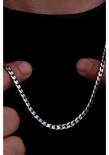 Erkek Gümüş Kolye - 925 Ayar 4 mm Oksitli Ezme Gurmet Zincir Gümüş Kolye