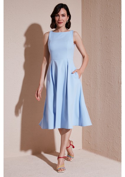 Bisiklet Yaka Regular Fit Cepli Pileli Midi Elbise Kadın Elbise 6051963