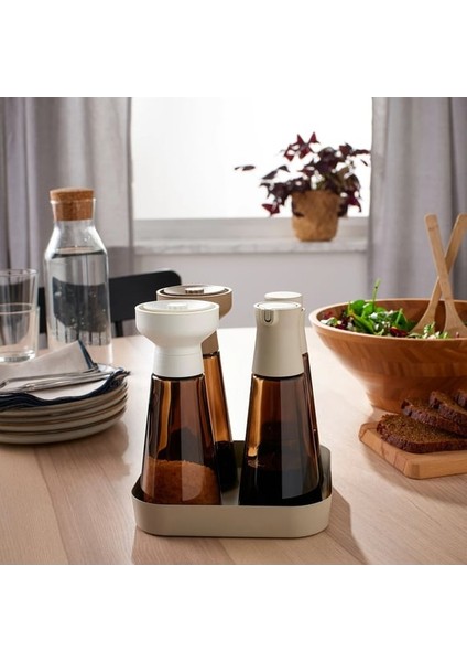Halvtom Gri-Bej 17X17 cm Tepsi, 2 Adet 19 cm Yağdanlık, 2 Adet 19 cm Baharat Öğütücü 5li Set