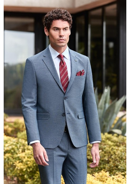 Koyu Lacivert Desenli Mono Yaka Astarlı 6 Drop Slim Fit Dar Kesim Takım Elbise 1001240174