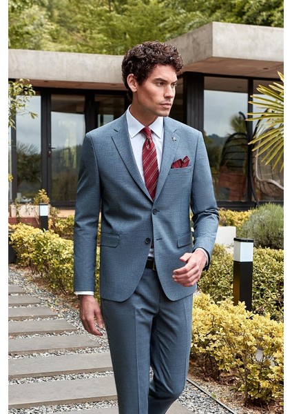 Koyu Lacivert Desenli Mono Yaka Astarlı 6 Drop Slim Fit Dar Kesim Takım Elbise 1001240174