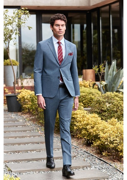 Koyu Lacivert Desenli Mono Yaka Astarlı 6 Drop Slim Fit Dar Kesim Takım Elbise 1001240174