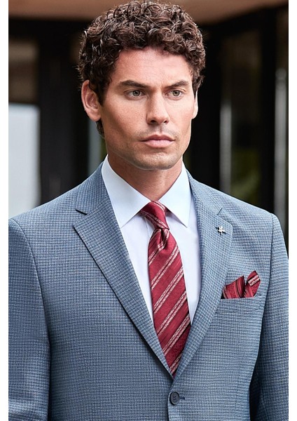 Koyu Lacivert Desenli Mono Yaka Astarlı 6 Drop Slim Fit Dar Kesim Takım Elbise 1001240174