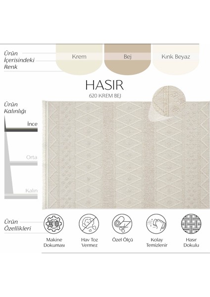 Hasır 620 Krem Bej Halı Ince Mutfak Halısı Yazlık Halı Kilim Kesme Halı Yolluk Antre Koridor Halısı