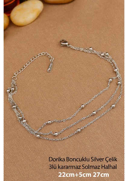 Çelik Halhal -3lü Dorika Boncuklu 316L Çelik Zincir Halhal Silver 22+5cm Yeni Sezon