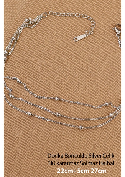 Çelik Halhal -3lü Dorika Boncuklu 316L Çelik Zincir Halhal Silver 22+5cm Yeni Sezon fırsatları