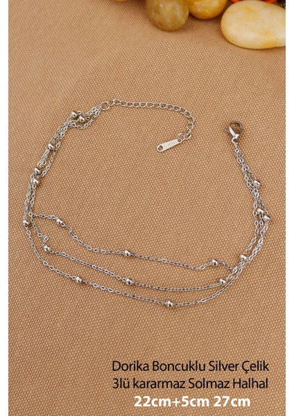 Çelik Halhal -3lü Dorika Boncuklu 316L Çelik Zincir Halhal Silver 22+5cm Yeni Sezon indirimleri