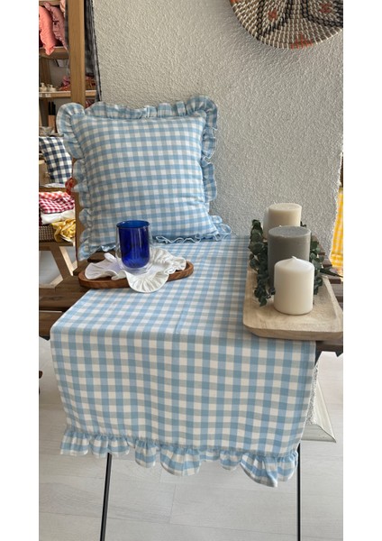 Vintage Keten Mavi Pötikare Fırfırlı Runner