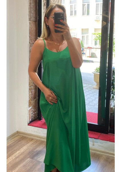 Ayarlanabilir Ince Askı Maxi Boy Elbise Yeşil