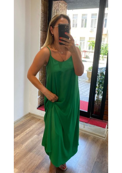Ayarlanabilir Ince Askı Maxi Boy Elbise Yeşil