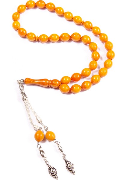 Burhan sağlam Beyzi Kesim 11x9 mm Hareli Sıkma Kehribar Alpaka Püsküllü Tesbih