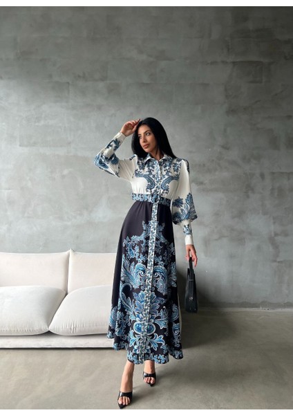 Atlas Kumaş Elbise (Kemer Dahildir)-Siyah