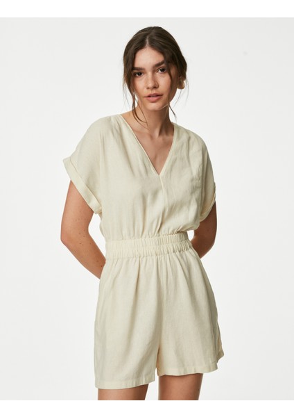 Kısa Kollu Şortlu Keten Tulum fiyatları