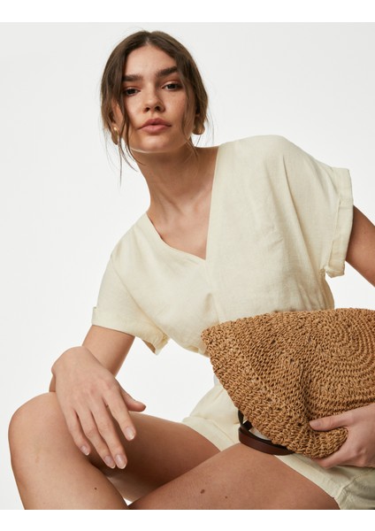 Kısa Kollu Şortlu Keten Tulum modelleri