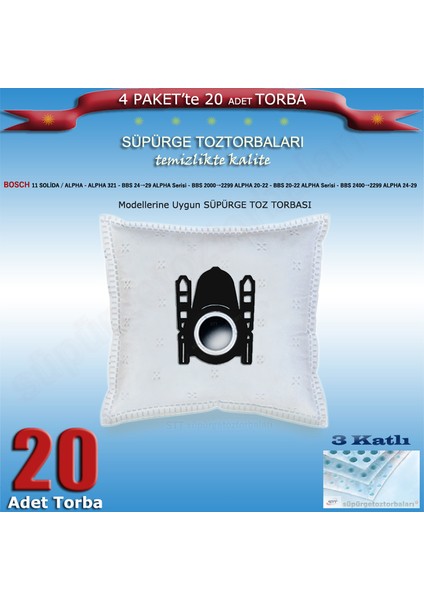 Bosch 11 Solida / Alpha - Alpha 321 - Bbs 24→29 Alpha Serisi - Bbs 2000→2299 Alpha 20-22 - Bbs 20-22 Alpha Serisi - Bbs 2400→2299 Alpha 24-29 Serilerine Uygun 20 Adet Süpürge Toz Torbası 200620