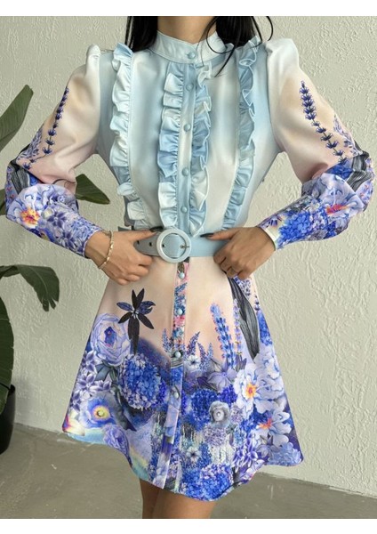 Atlas Kumaş Kısa Elbise (Kemer Dahildir) Koyu Mavi