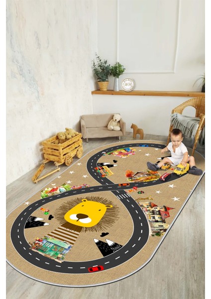 Makinede Yıkanabilir Kaymaz Taban Leke Tutmaz Yol Desenli Çocuk Odası Halısı Oyun Halısı