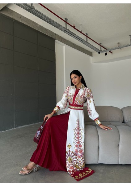 Atlas Kumaş Elbise (Kemer Dahildir)-Kırmızı