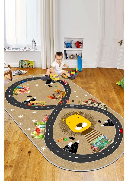 Makinede Yıkanabilir Kaymaz Taban Leke Tutmaz Yol Desenli Çocuk Odası Halısı Oyun Halısı