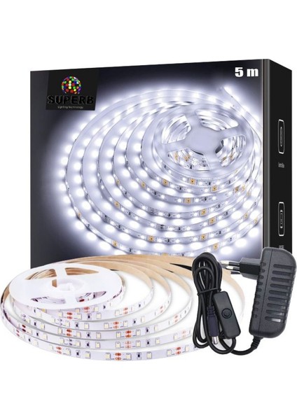 Sb-6501 5 Metre Şerit Led Işık Beyaz Aç Kapa Anahtarlı Adaptörlü Tak Çalıştır Aydınlatma