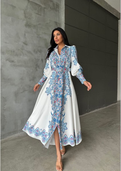 Atlas Kumaş Elbise (Kemer Dahildir)-Beyaz fiyatları