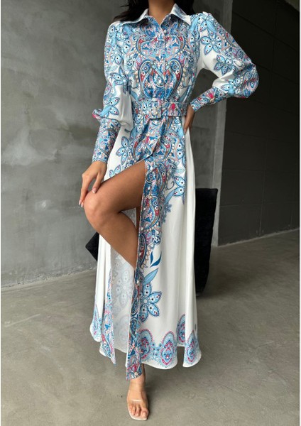 Atlas Kumaş Elbise (Kemer Dahildir)-Beyaz fırsatları