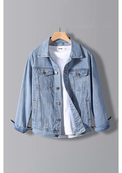 Erkek Slim Fit Sırt Baskılı Denim Kot Ceket Açık Mavi EDW124 fiyatları